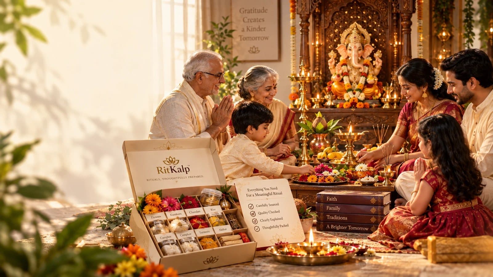 Three generations of a family at their home altar before Ganesha, with a Ritkalp ritual box open beside them