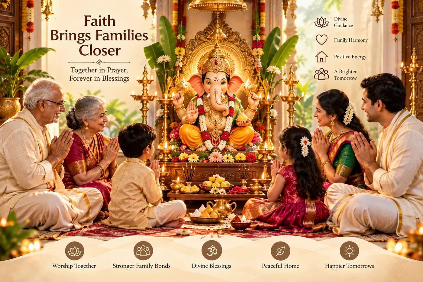 A family praying together before Lord Ganesha at home